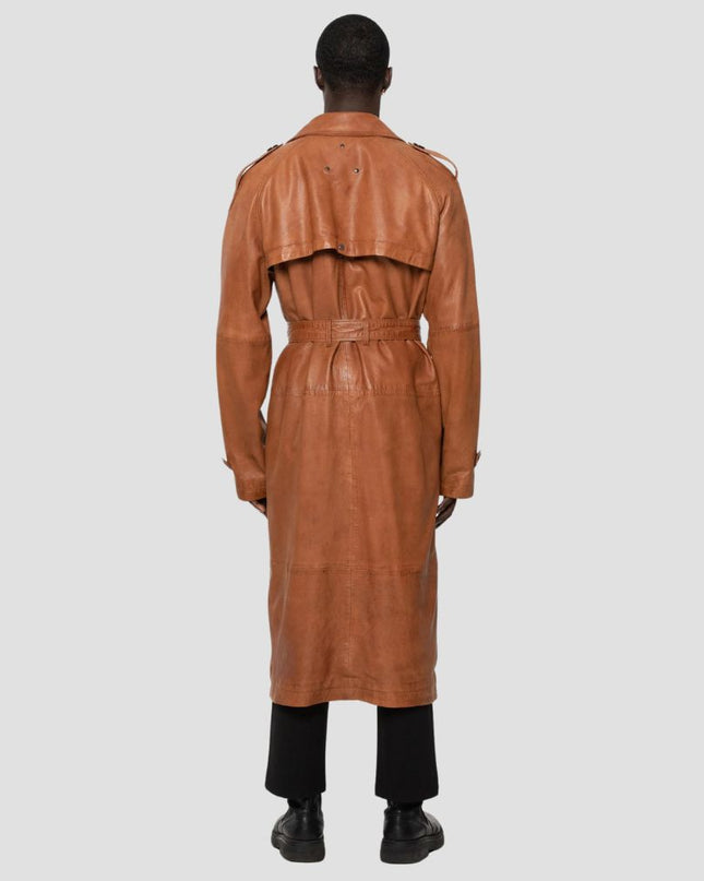 Person wearing a brown leather trench coat on a light gray background