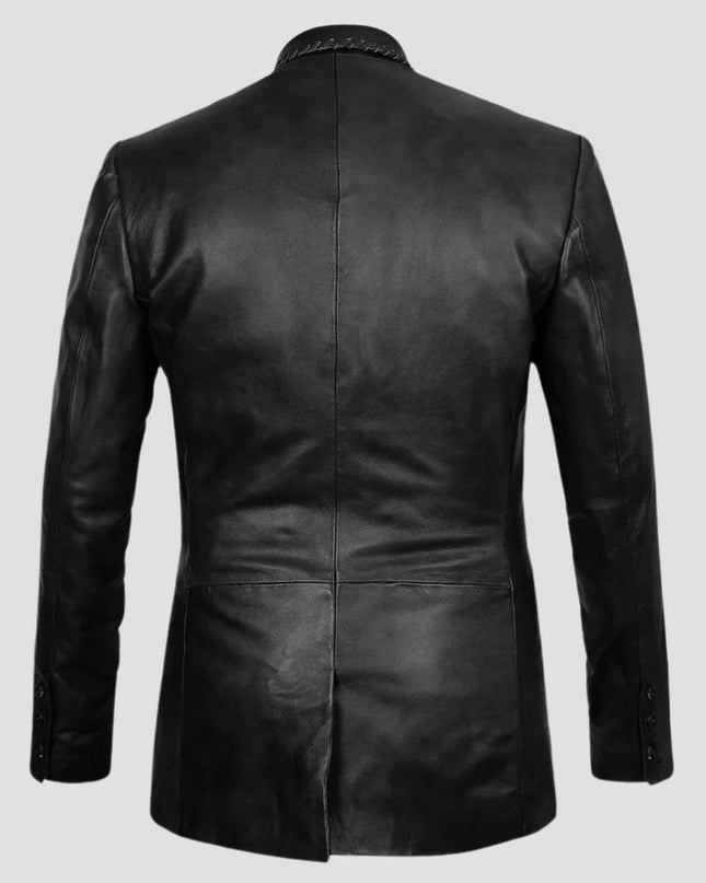 Black leather jacket on a light gray background