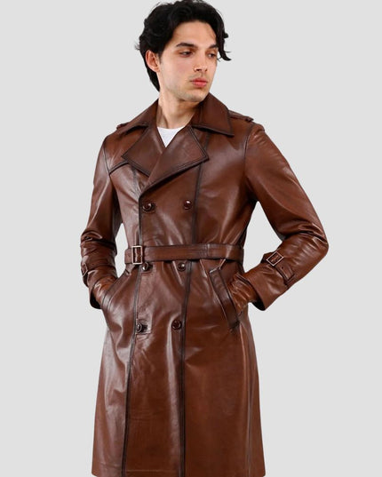 Smith Waxed Brown Genuine Belted Leather Blazer Trench Coat