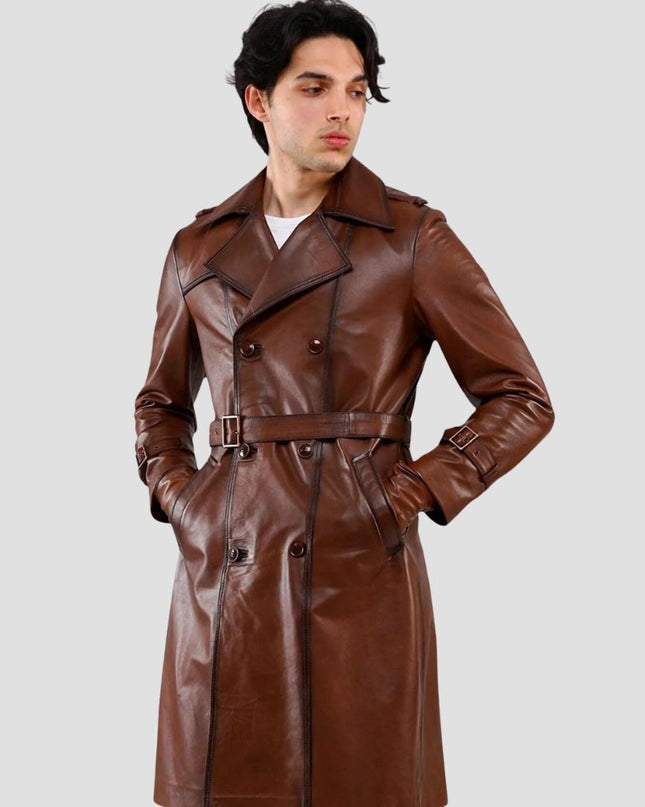 Smith Waxed Brown Genuine Belted Leather Blazer Trench Coat