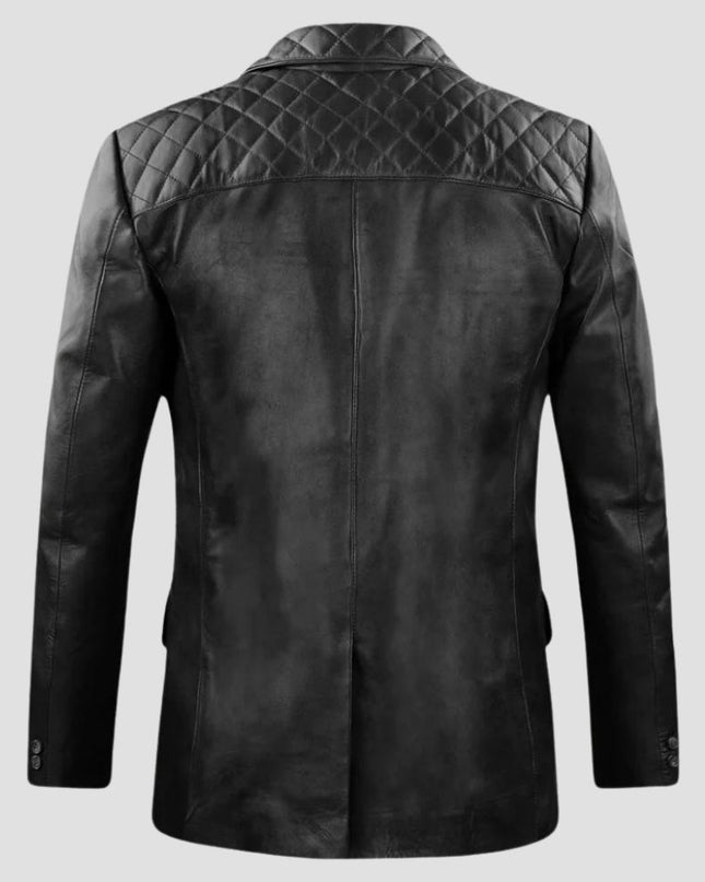Black leather jacket with quilted shoulder design on a light gray background