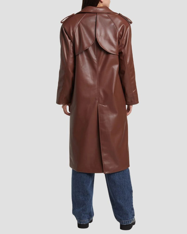 Brown leather coat worn by a person on a light gray background