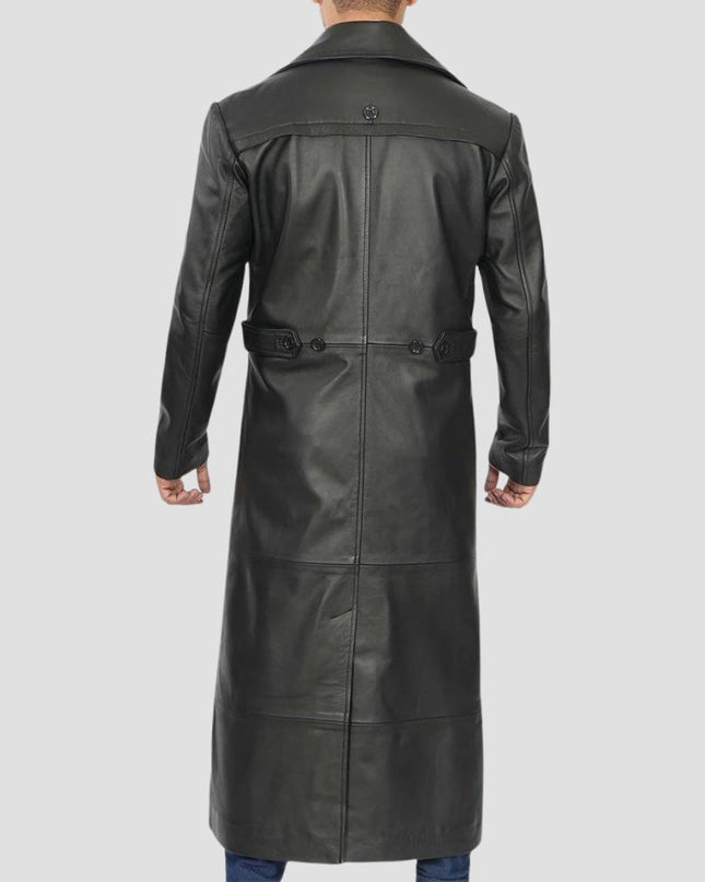 Black leather coat worn by a person on a light gray background