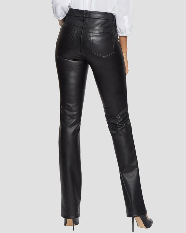 Black leather pants worn by a person on a light gray background