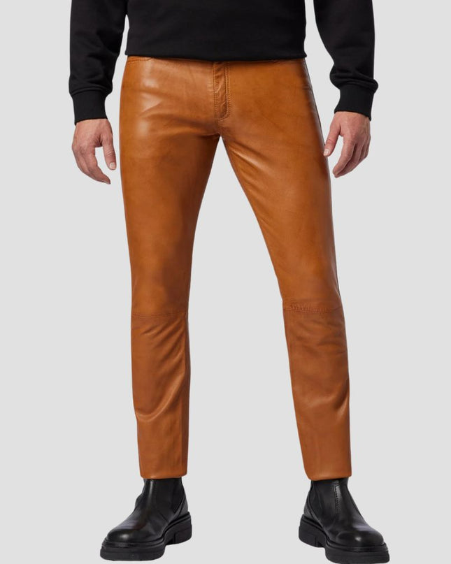 Slim Fit Cognac Leather Trousers