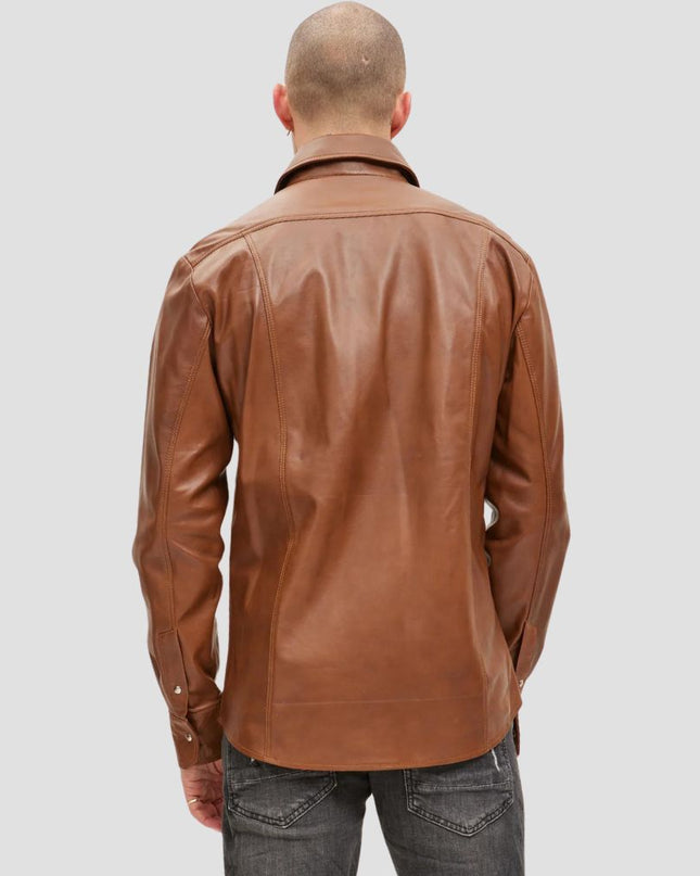 Man wearing a brown leather jacket on a gray background