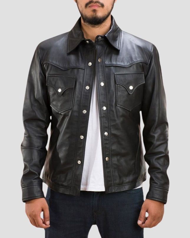 Men Black Leather Shirt