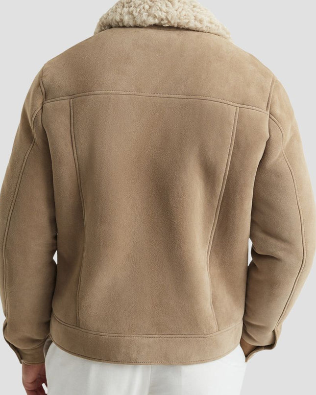 Beige jacket with shearling collar on a white background