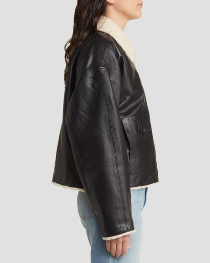 Faux Shearling Collar Leather Jacket
