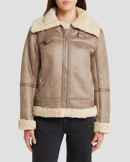 Short Faux Shearling Trim Aviator Jacket