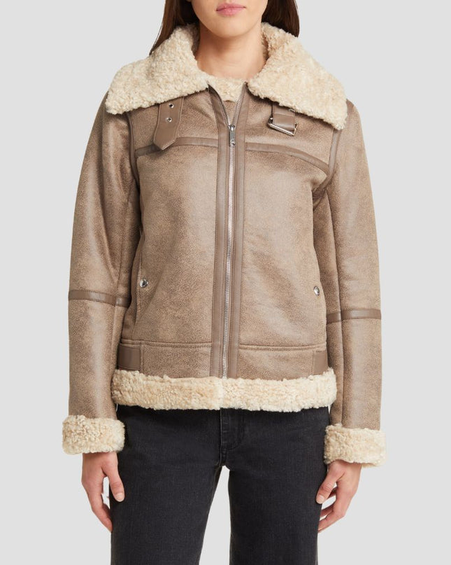 Short Faux Shearling Trim Aviator Jacket