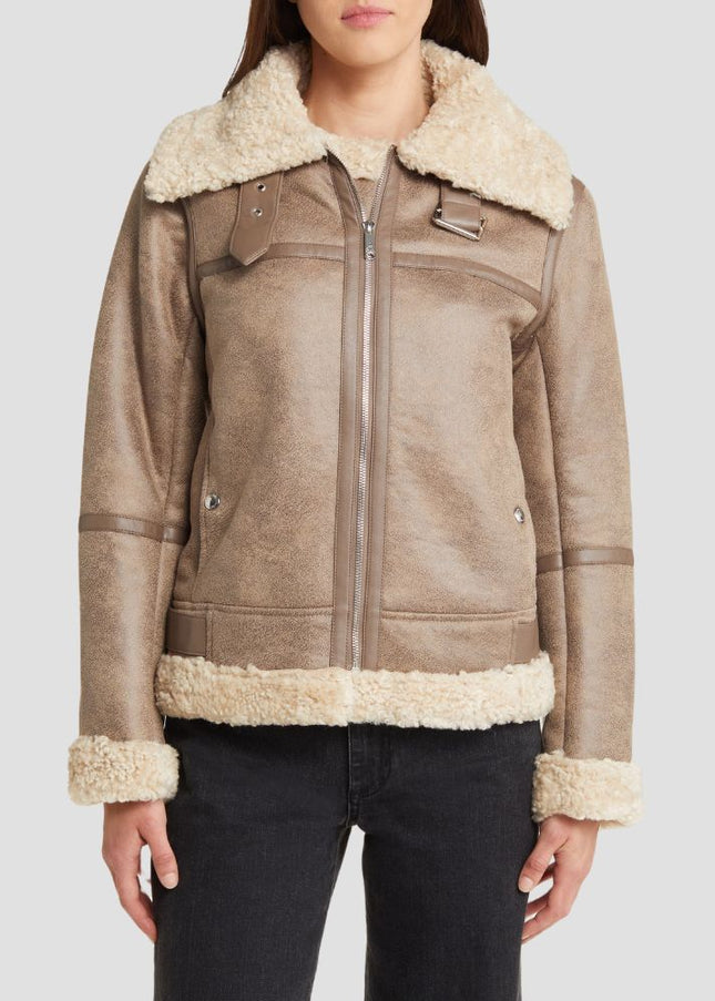 Short Faux Shearling Trim Aviator Jacket