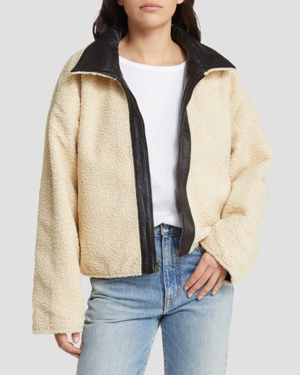 Faux Shearling Collar Leather Jacket