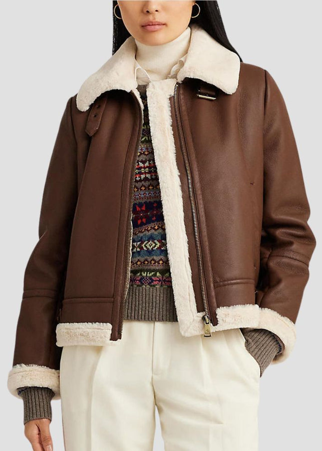 Shearling Trim Faux Leather Jacket