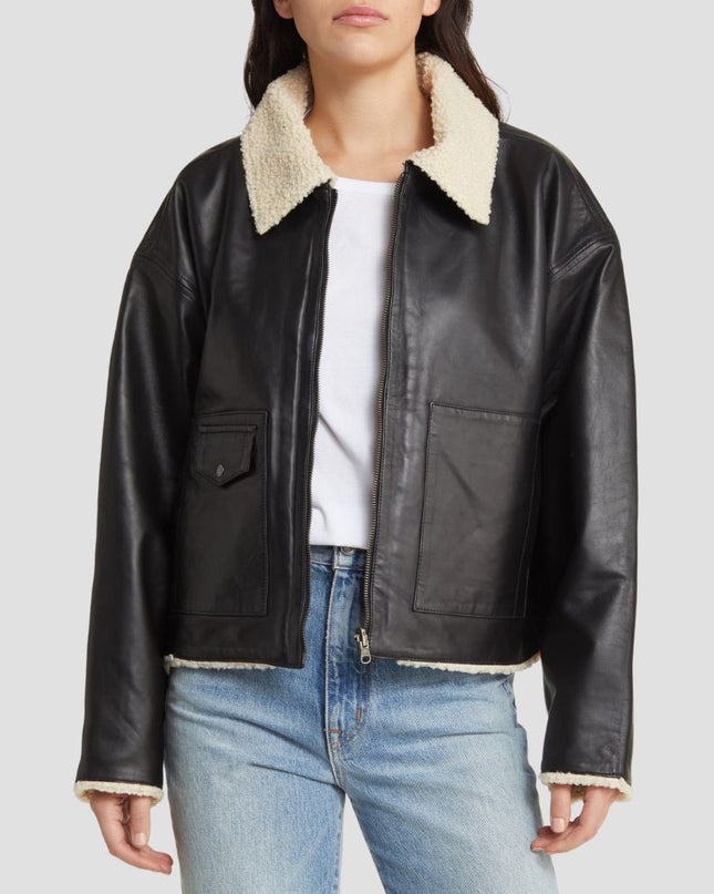 Faux Shearling Collar Leather Jacket