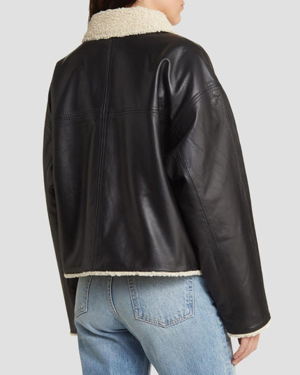 Faux Shearling Collar Leather Jacket