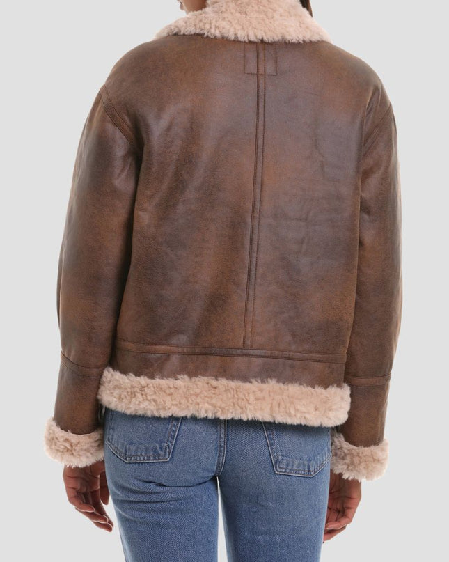 Brown leather jacket with fur trim on a white background