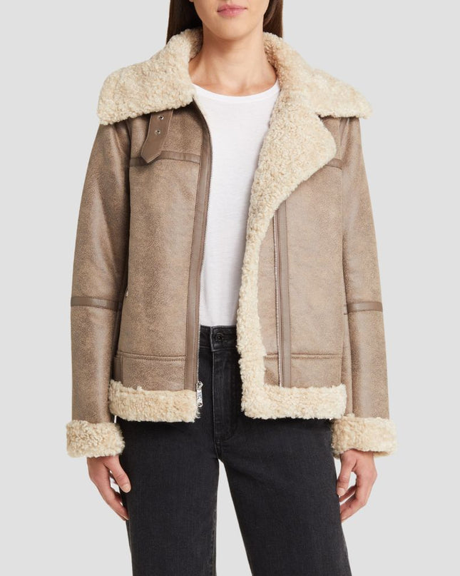 Short Faux Shearling Trim Aviator Jacket
