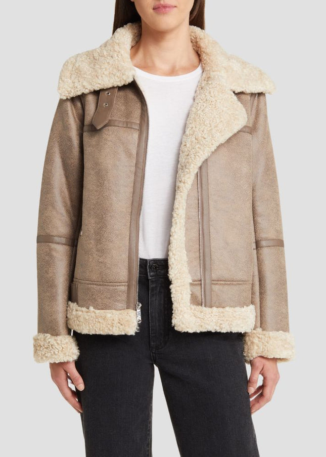Short Faux Shearling Trim Aviator Jacket