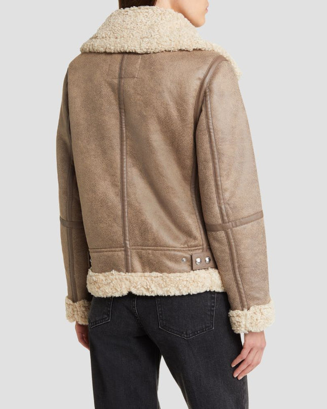 Brown leather jacket with white fur lining on a plain background