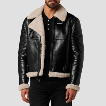 Black leather jacket with white fur lining worn by a person on a light gray background