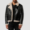 Black leather jacket with white fur lining worn by a person on a light gray background