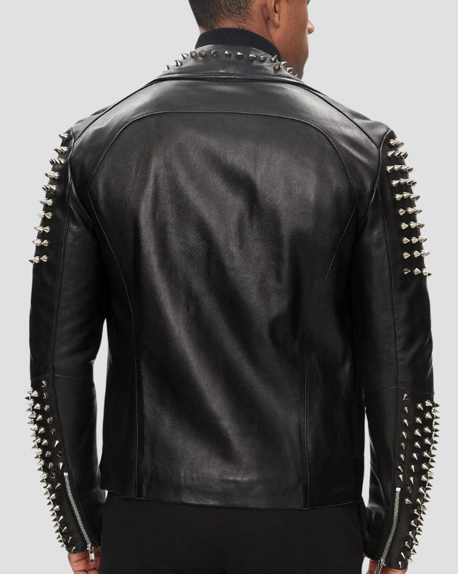 Black leather jacket with studded details on a gray background