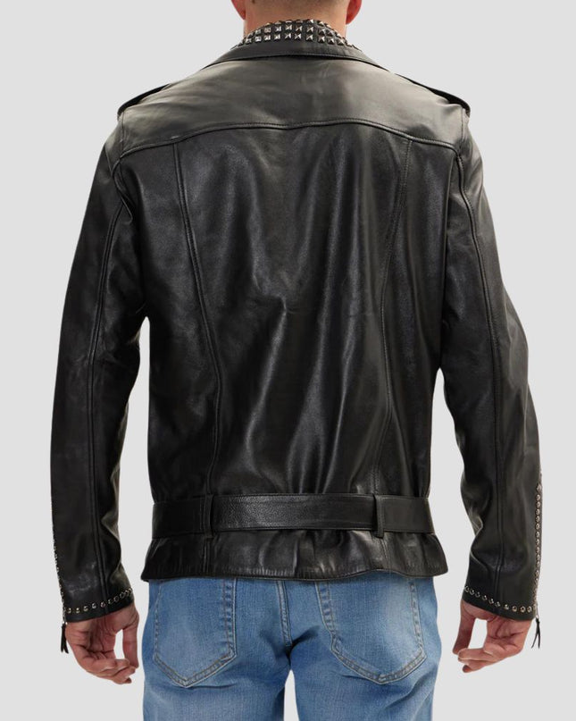 Black leather jacket worn by a person on a light gray background