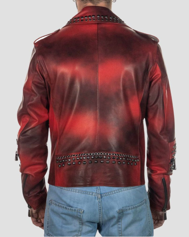 Red leather jacket with studded details on a plain background