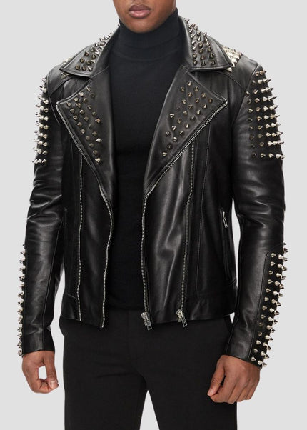 Black leather jacket with studs on a gray background