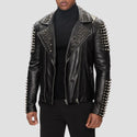 Black leather jacket with studs on a gray background