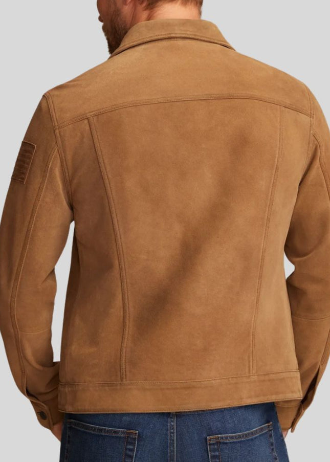 Brown leather jacket worn by a person on a light gray background
