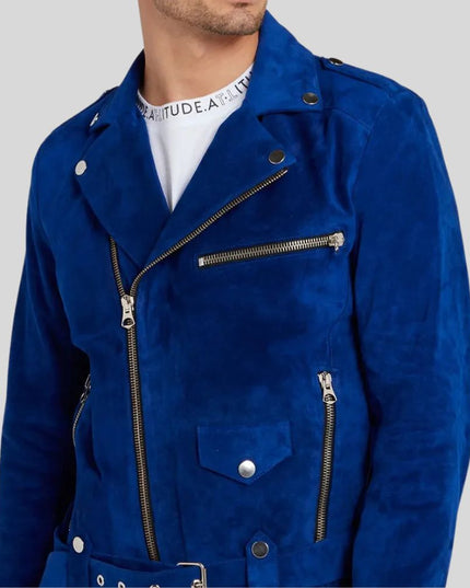 Men Blue Suede Biker Jacket