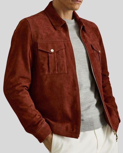 Men Suede Leather Jacket Brown