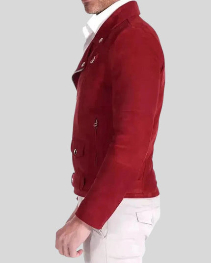 Men Red Suede Biker Jacket