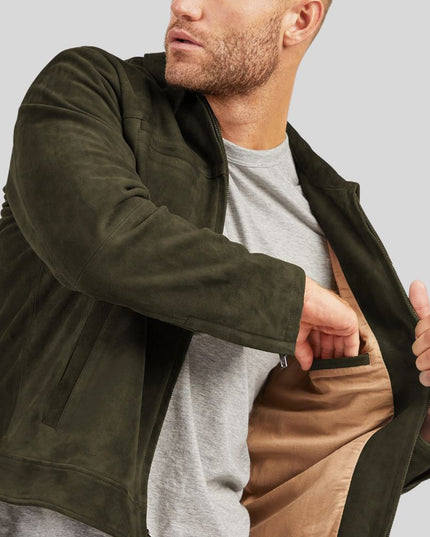Men Olive Green Suede Jacket