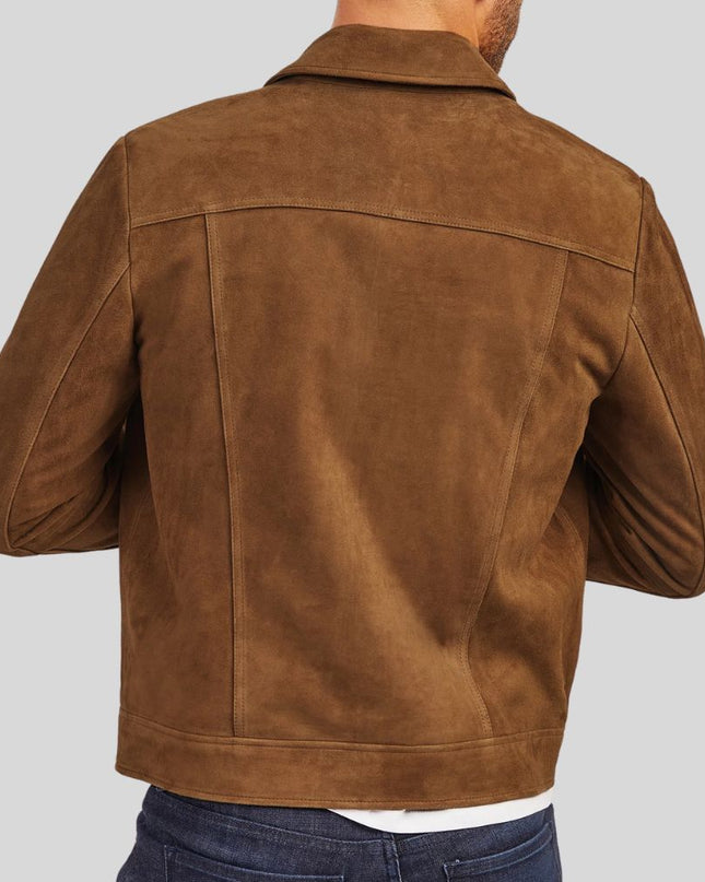 Brown suede jacket worn by a person on a light gray background