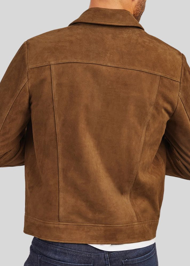 Brown suede jacket worn by a person on a light gray background