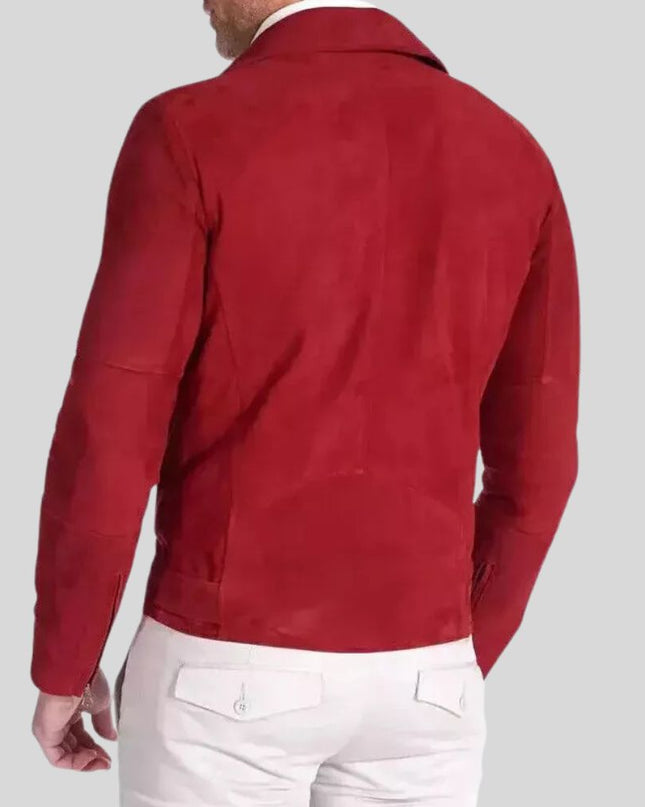 Red jacket worn by a person on a light gray background
