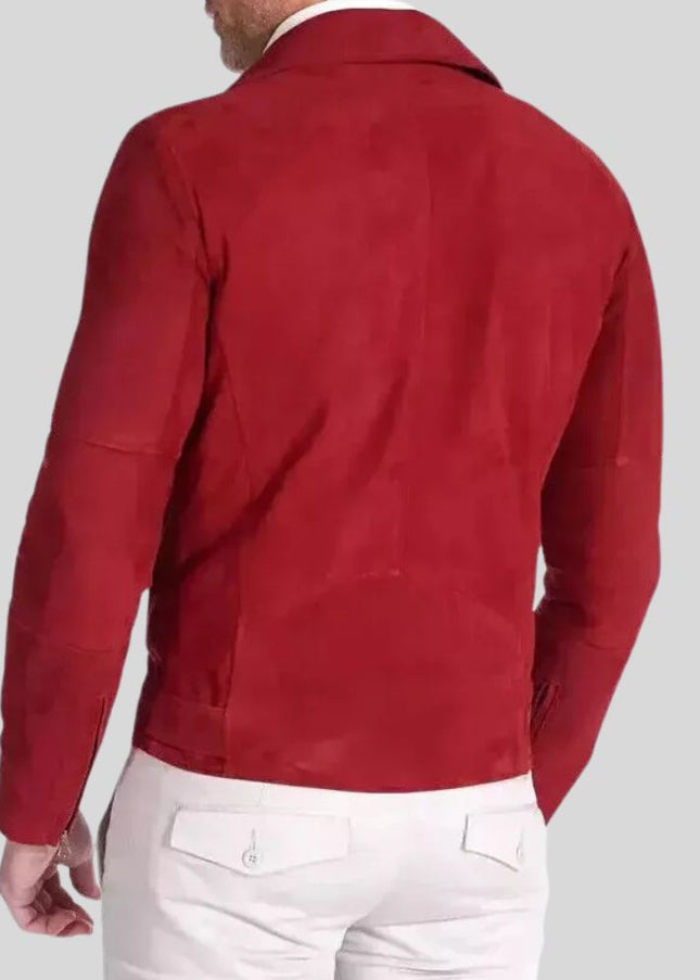 Red jacket worn by a person on a light gray background