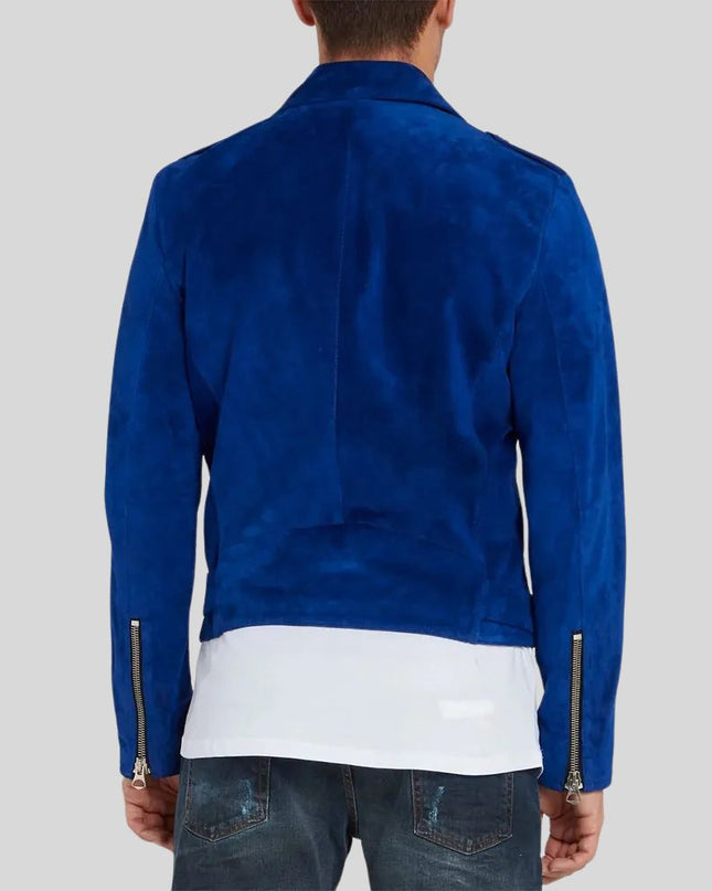 Blue jacket worn by a person on a gray background