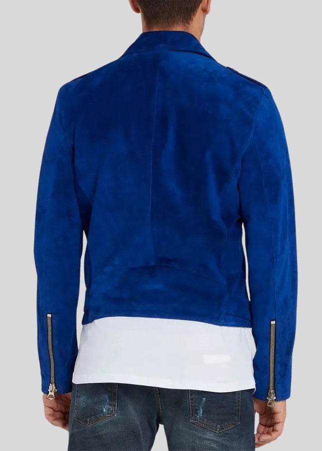 Blue jacket worn by a person on a gray background