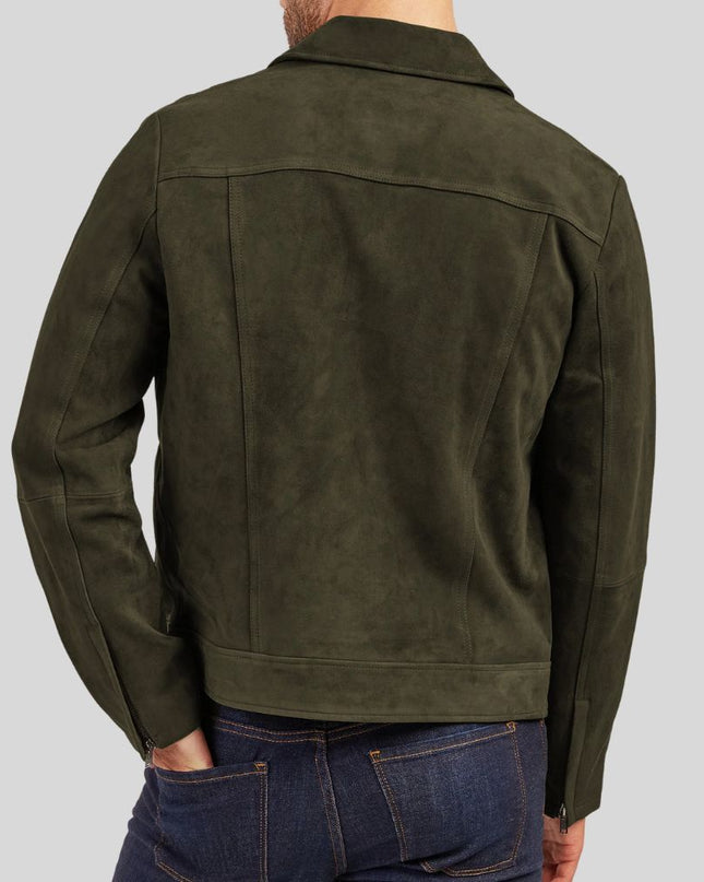 Green jacket worn by a person on a gray background