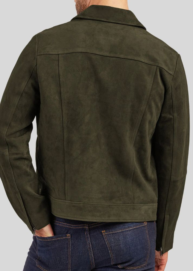Green jacket worn by a person on a gray background