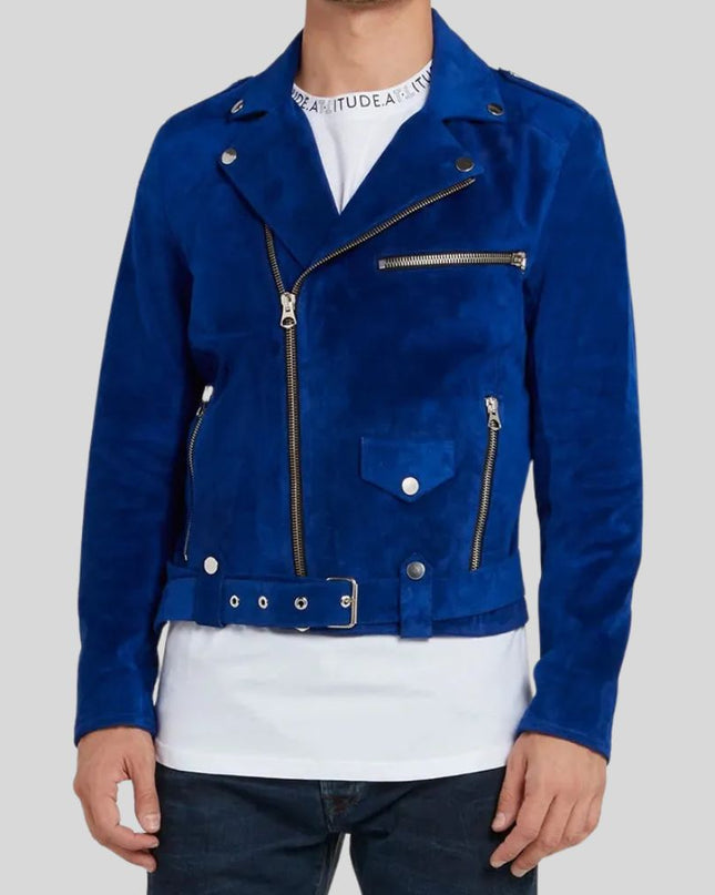Men Blue Suede Biker Jacket