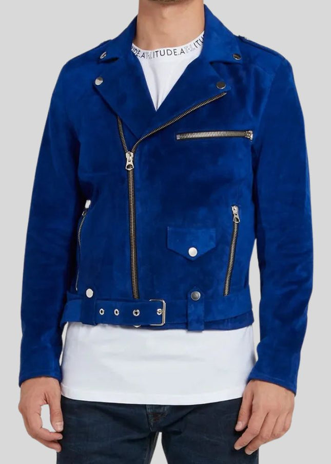 Men Blue Suede Biker Jacket
