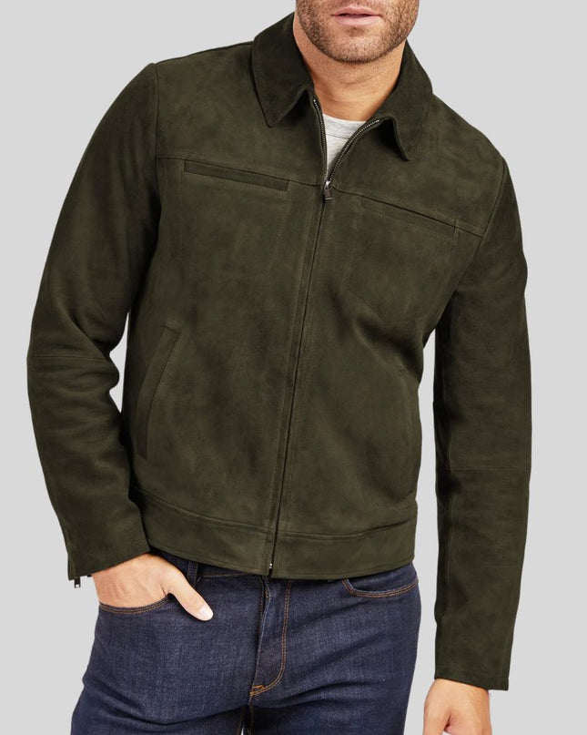 Men Olive Green Suede Jacket