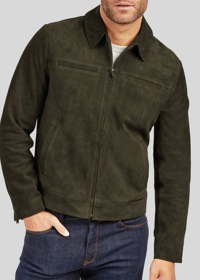 Men Olive Green Suede Jacket