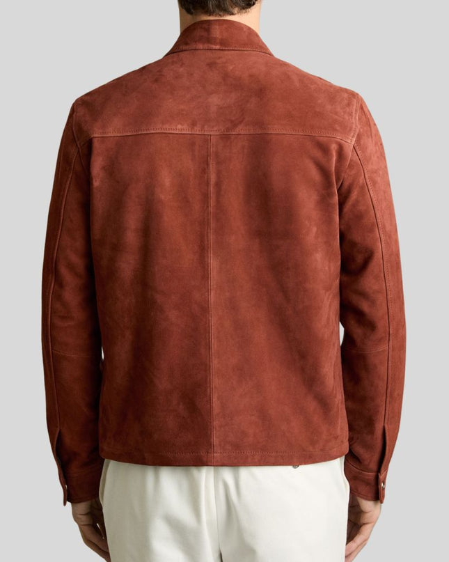 Brown suede jacket worn by a person on a light gray background