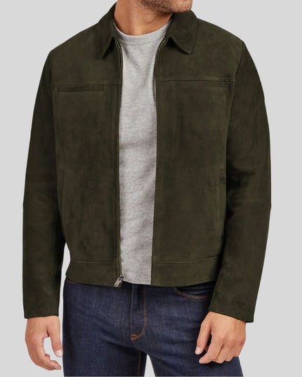 Men Olive Green Suede Jacket